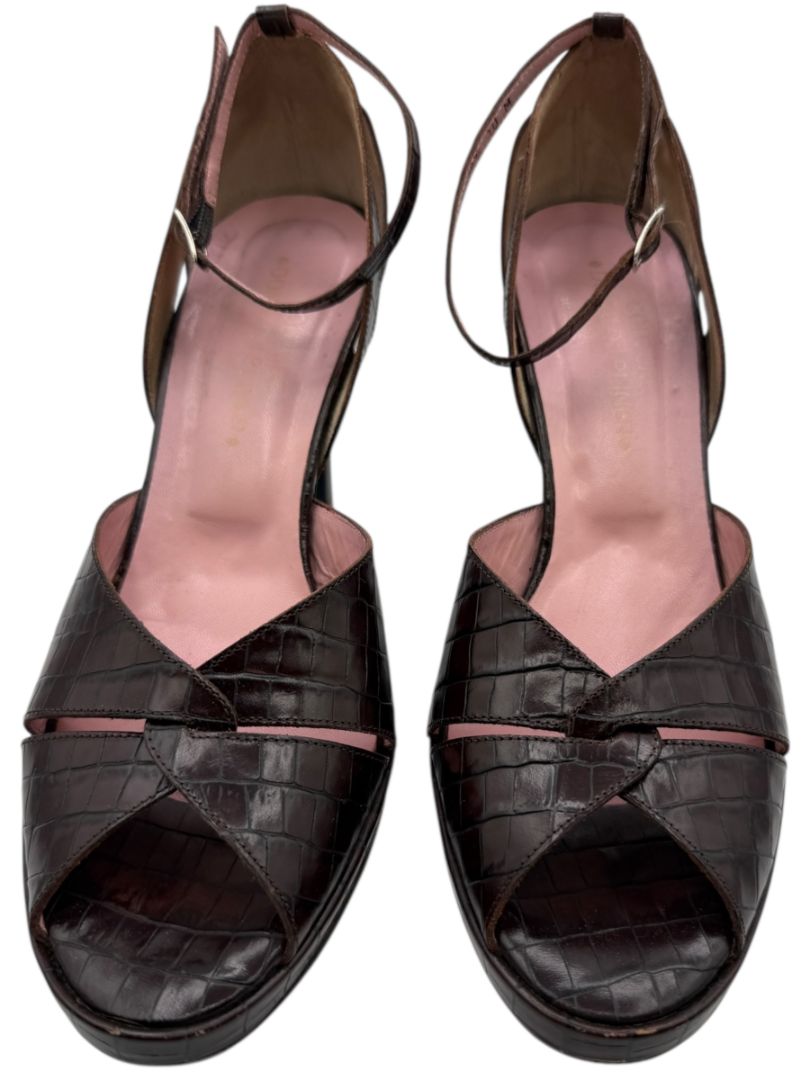 Donald J Pliner Couture Brown Embossed Leather Peep-Toe Heels – Size 10