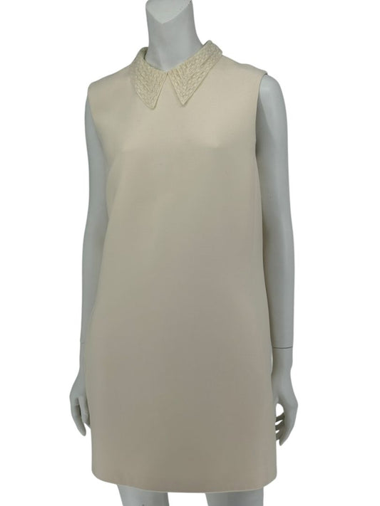 Christian Dior Ivory Wool Silk Blend Crepe Shift Mini Dress- Collared, Sleeveless Size 42/10