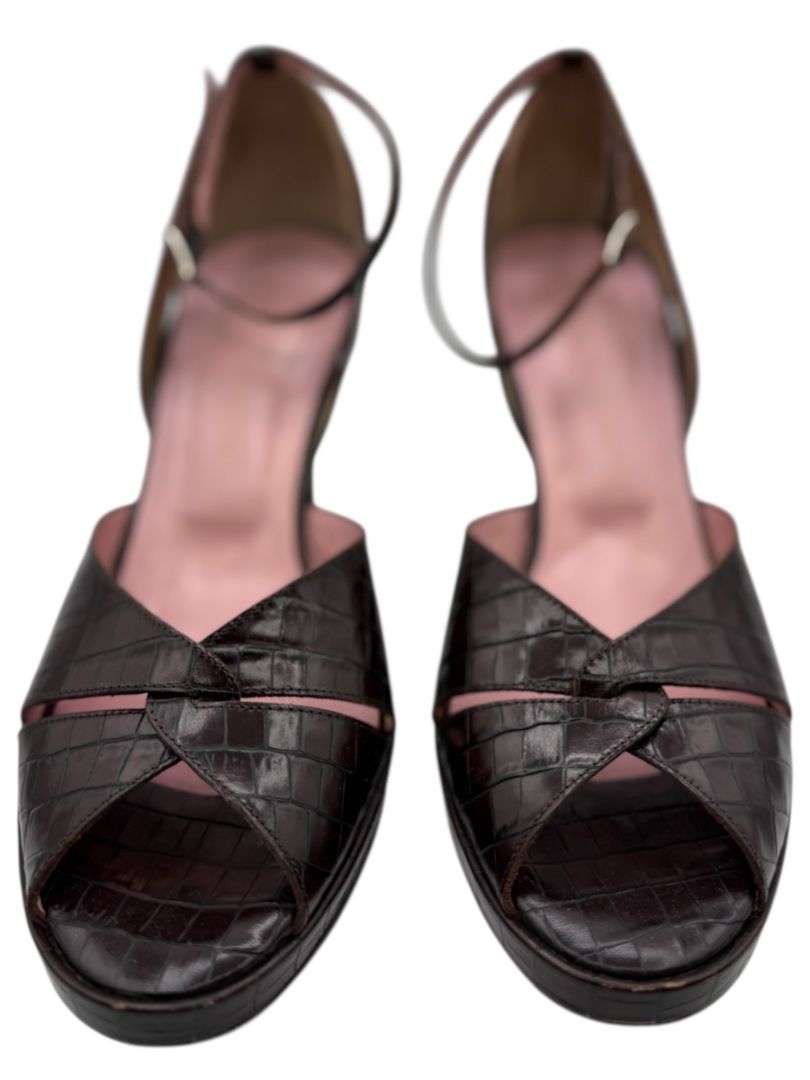 Donald J Pliner Couture Brown Embossed Leather Peep-Toe Heels – Size 10