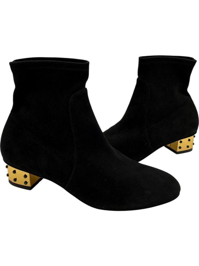 Charlotte Olympia Black Suede Ankle Booties with Studded Gold Heels – Size 39