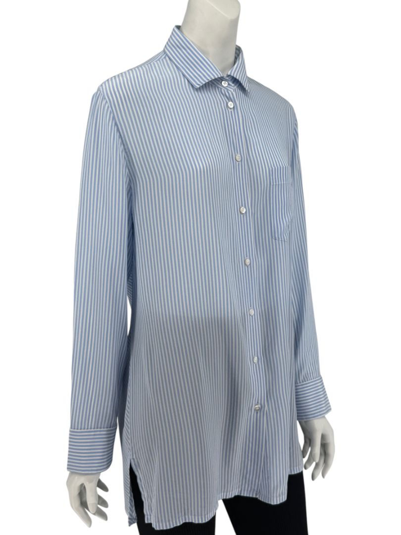 Valentino Blue & White Striped Silk Blouse with Draped Back – Size US 8