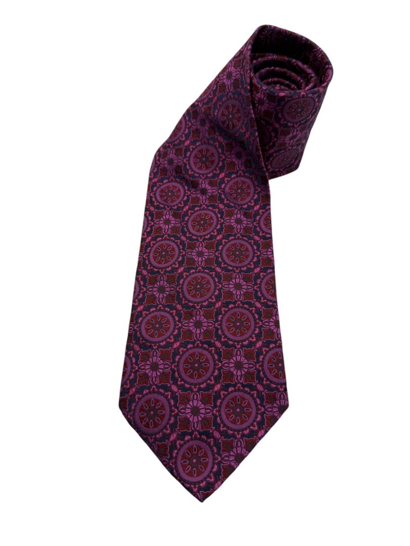 Christian Lacroix Paris Silk Necktie in Fuchsia & Plum Medallion Pattern – Excellent Pre-Owned Condition