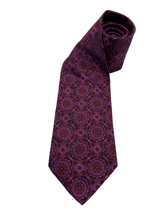 Christian Lacroix Paris Silk Necktie in Fuchsia & Plum Medallion Pattern – Excellent Pre-Owned Condition