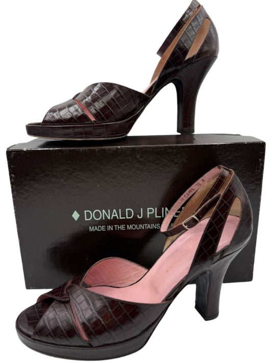 Donald J Pliner Couture Brown Embossed Leather Peep-Toe Heels – Size 10
