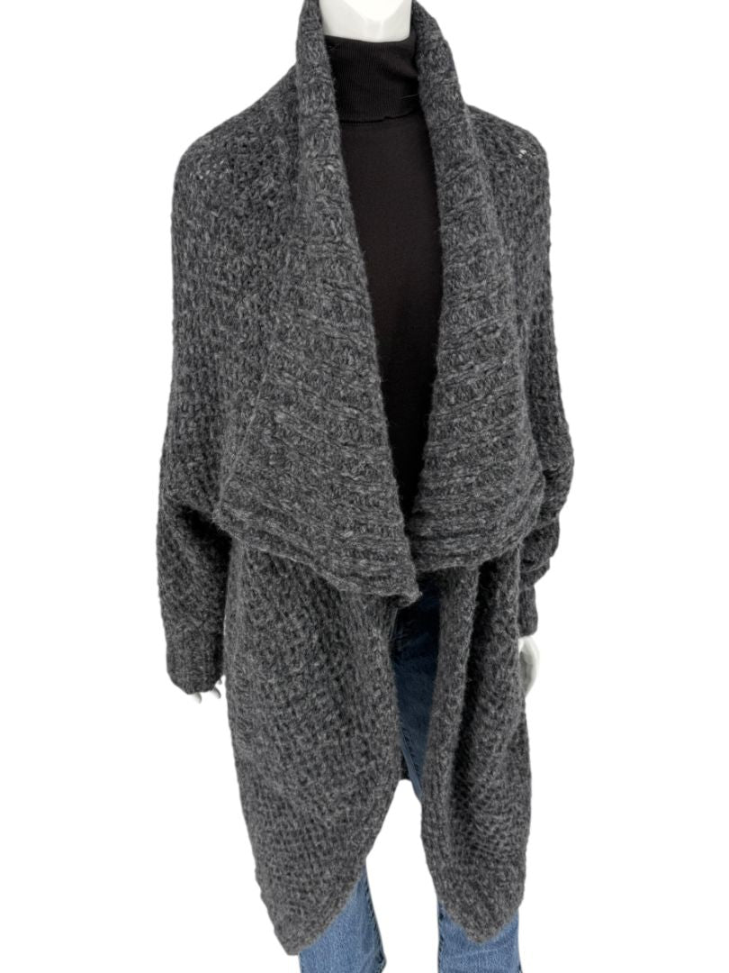 Donna Karan Charcoal Grey Wool-Blend Drape Cardigan – Size L (US Large)