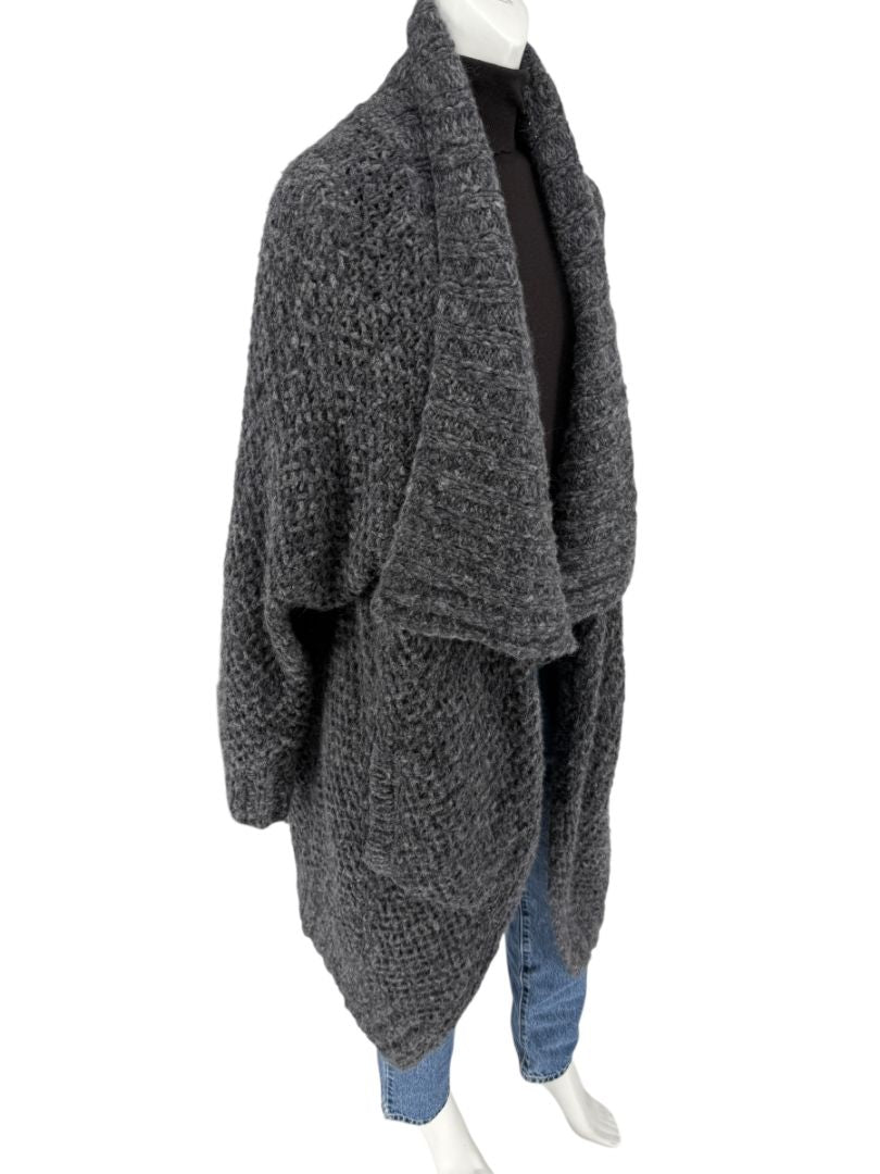 Donna Karan Charcoal Grey Wool-Blend Drape Cardigan – Size L (US Large)