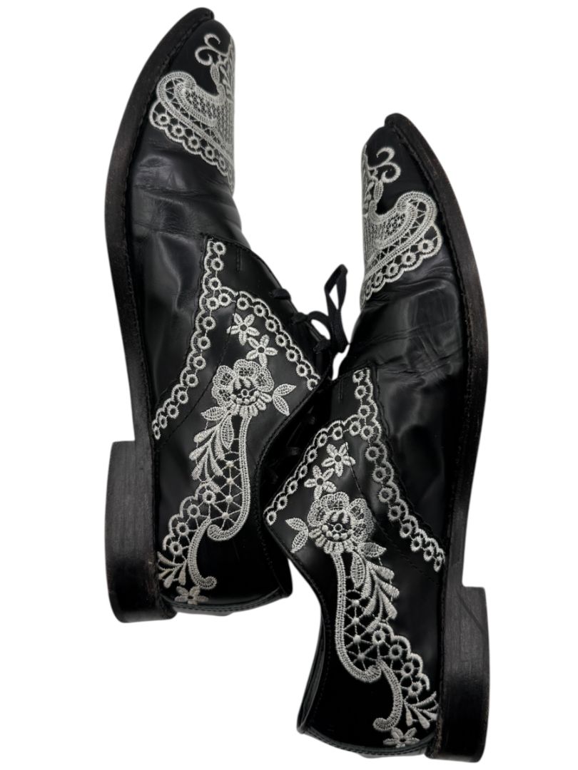 Junya Watanabe Comme des Garçons Black Leather Embroidered Oxford Shoes – Size 25 Mens Japan