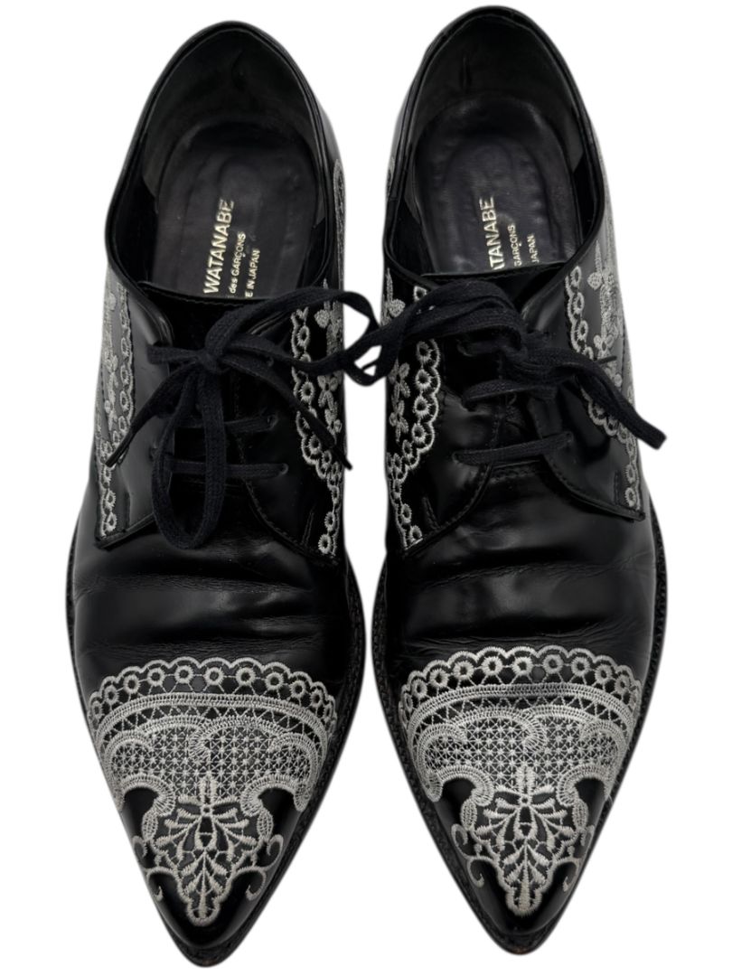 Junya Watanabe Comme des Garçons Black Leather Embroidered Oxford Shoes – Size 25 Mens Japan