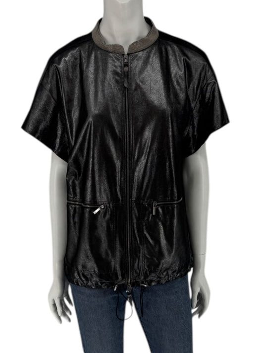 Lafayette 148 New York Metallic Leather Short-Sleeve Zip Jacket – Size M