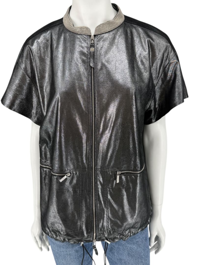 Lafayette 148 New York Metallic Leather Short-Sleeve Zip Jacket – Size M