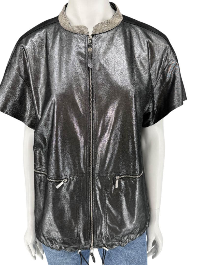 Lafayette 148 New York Metallic Leather Short-Sleeve Zip Jacket – Size M