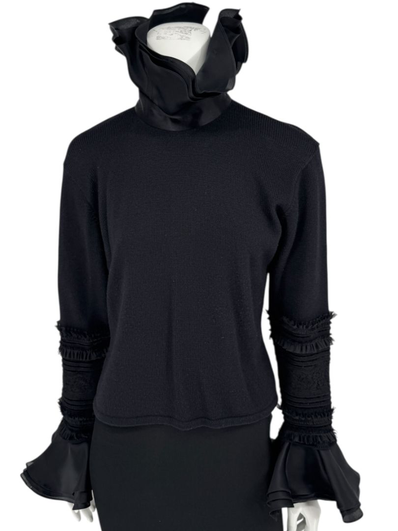Zang Toi Black Wool-Cashmere Ruffled Fantasy Sleeve Top – Size XL