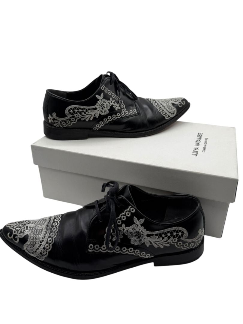 Junya Watanabe Comme des Garçons Black Leather Embroidered Oxford Shoes – Size 25 Mens Japan
