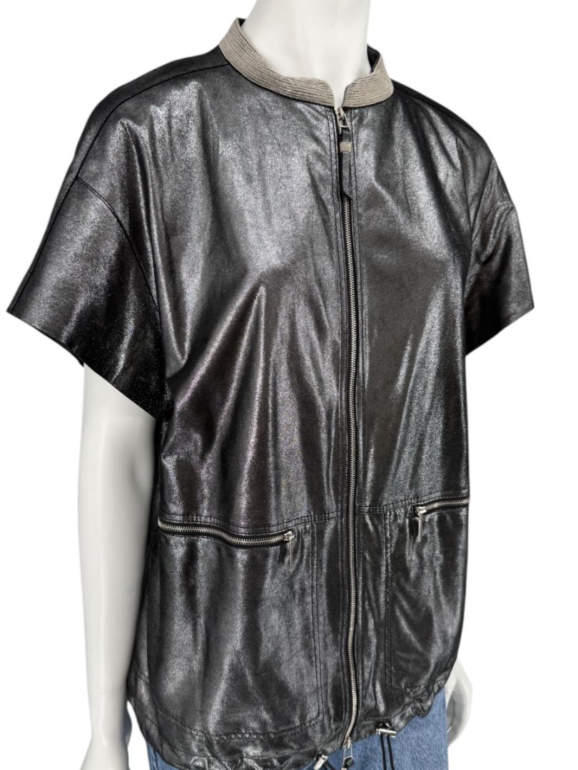 Lafayette 148 New York Metallic Leather Short-Sleeve Zip Jacket – Size M