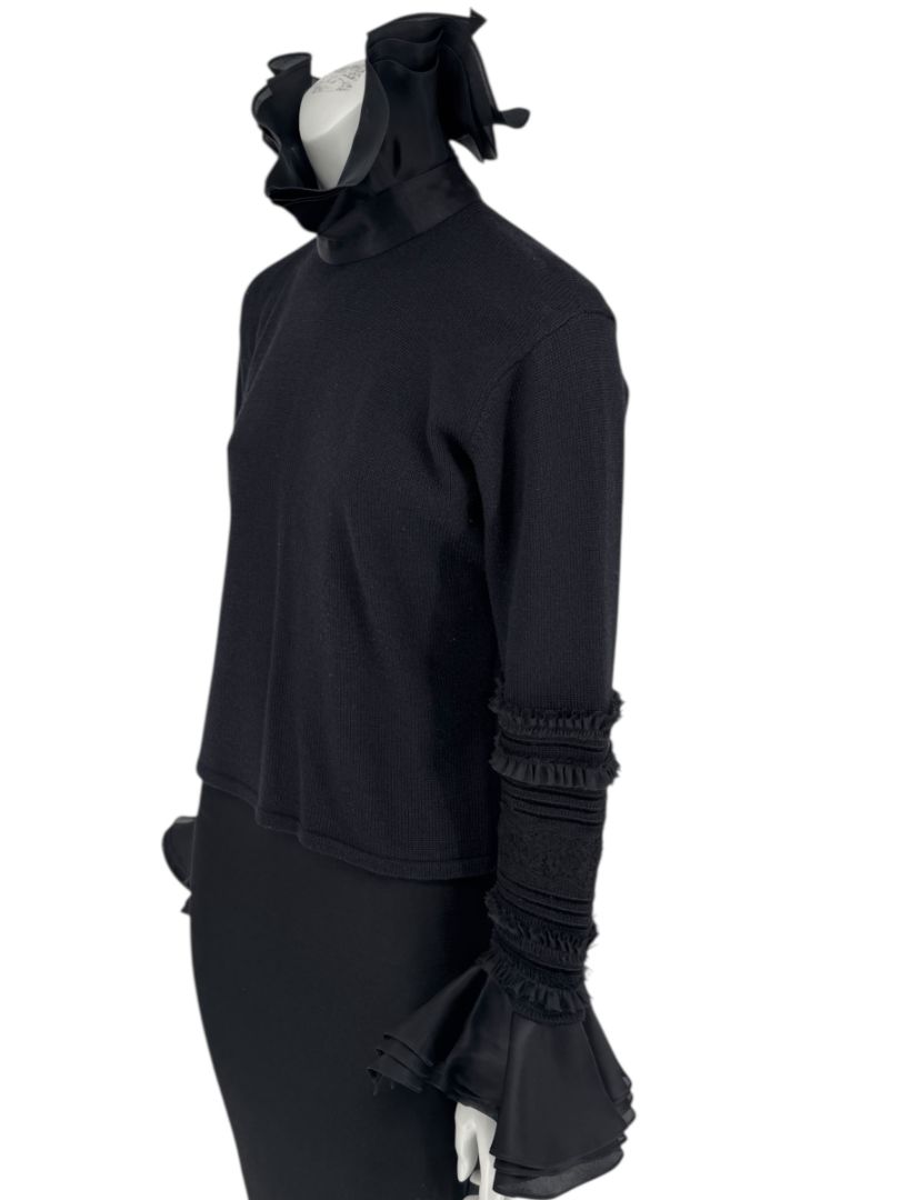 Zang Toi Black Wool-Cashmere Ruffled Fantasy Sleeve Top – Size XL