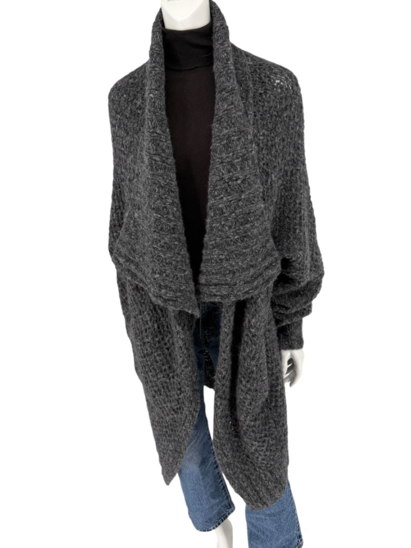 Donna Karan Charcoal Grey Wool-Blend Drape Cardigan – Size L (US Large)