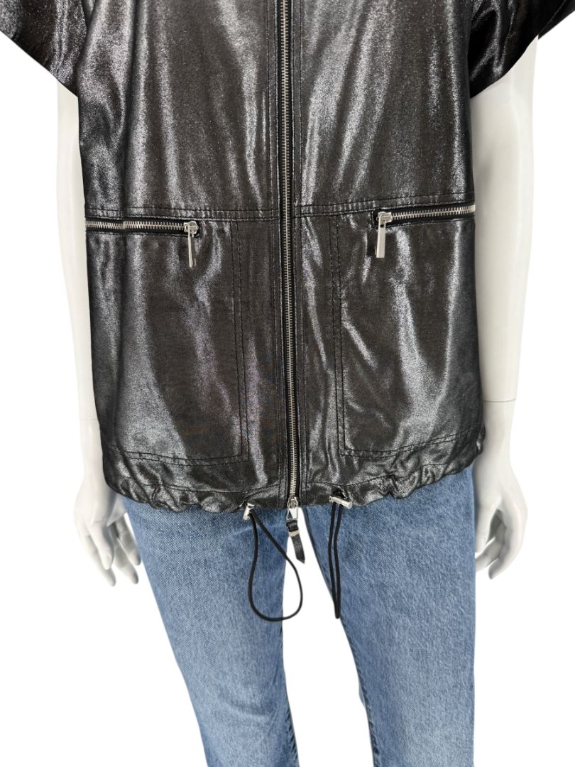 Lafayette 148 New York Metallic Leather Short-Sleeve Zip Jacket – Size M