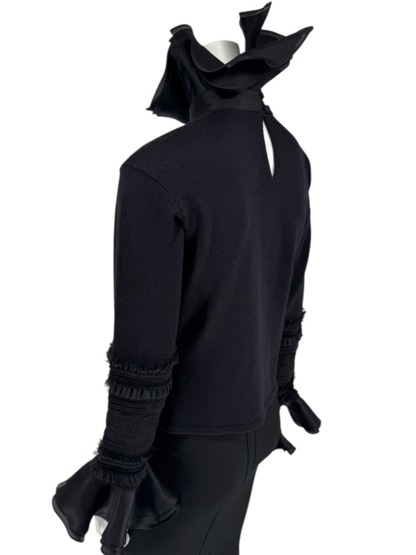 Zang Toi Black Wool-Cashmere Ruffled Fantasy Sleeve Top – Size XL