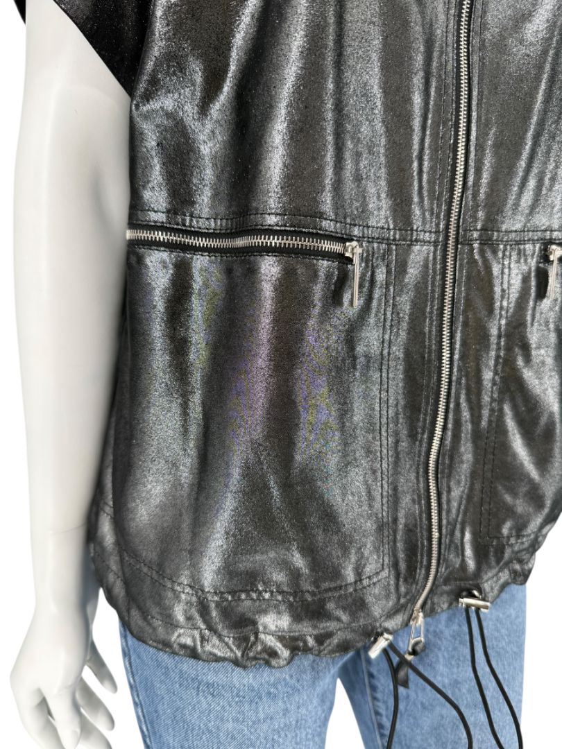 Lafayette 148 New York Metallic Leather Short-Sleeve Zip Jacket – Size M