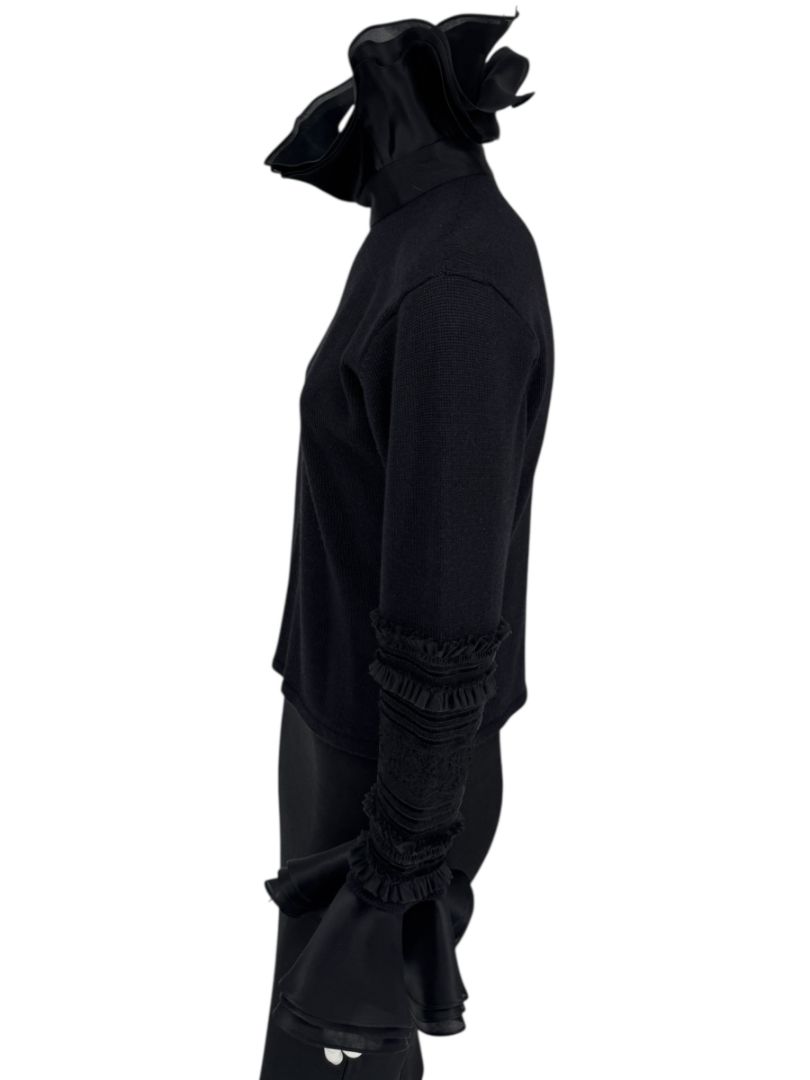 Zang Toi Black Wool-Cashmere Ruffled Fantasy Sleeve Top – Size XL