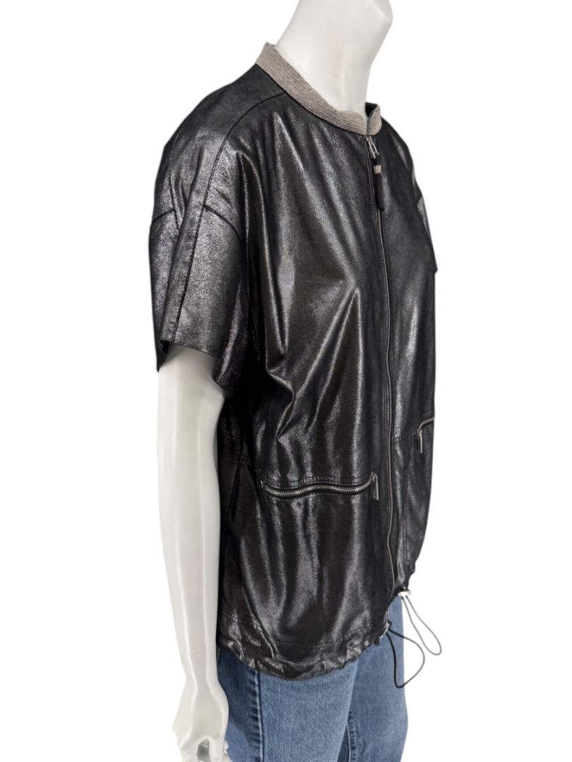 Lafayette 148 New York Metallic Leather Short-Sleeve Zip Jacket – Size M