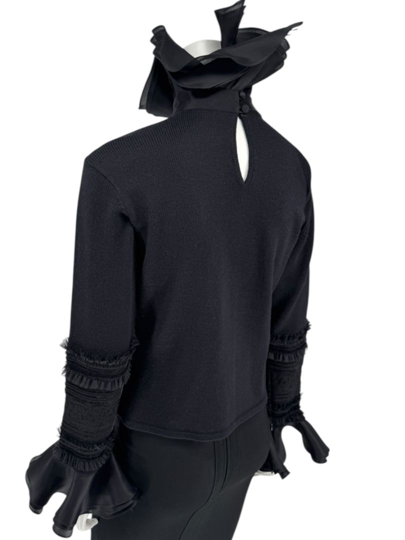 Zang Toi Black Wool-Cashmere Ruffled Fantasy Sleeve Top – Size XL