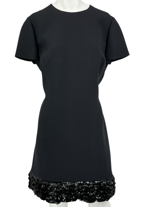 CHRISTIAN DIOR Black Wool-Silk Mini Dress with Sequin Embroidered Hem - US 12