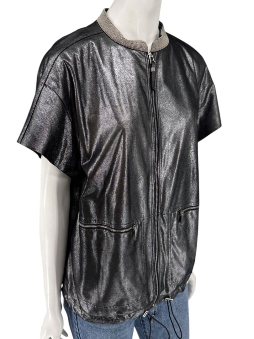 Lafayette 148 New York Metallic Leather Short-Sleeve Zip Jacket – Size M