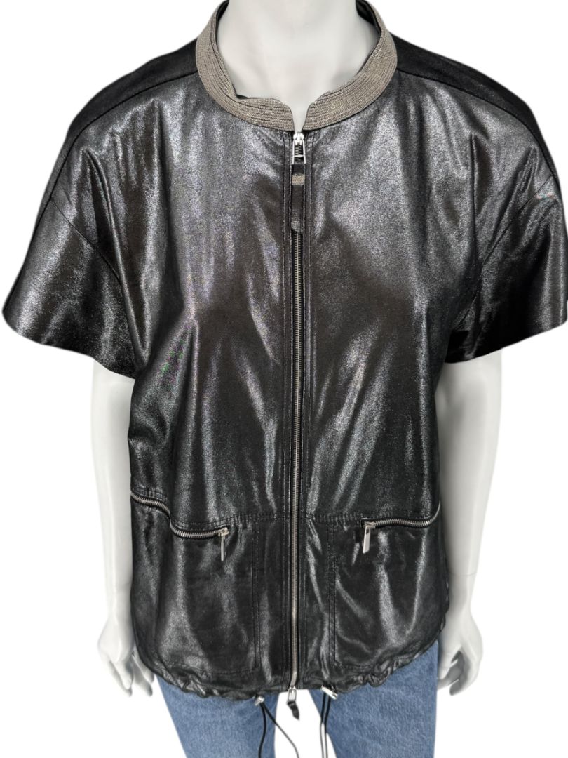 Lafayette 148 New York Metallic Leather Short-Sleeve Zip Jacket – Size M