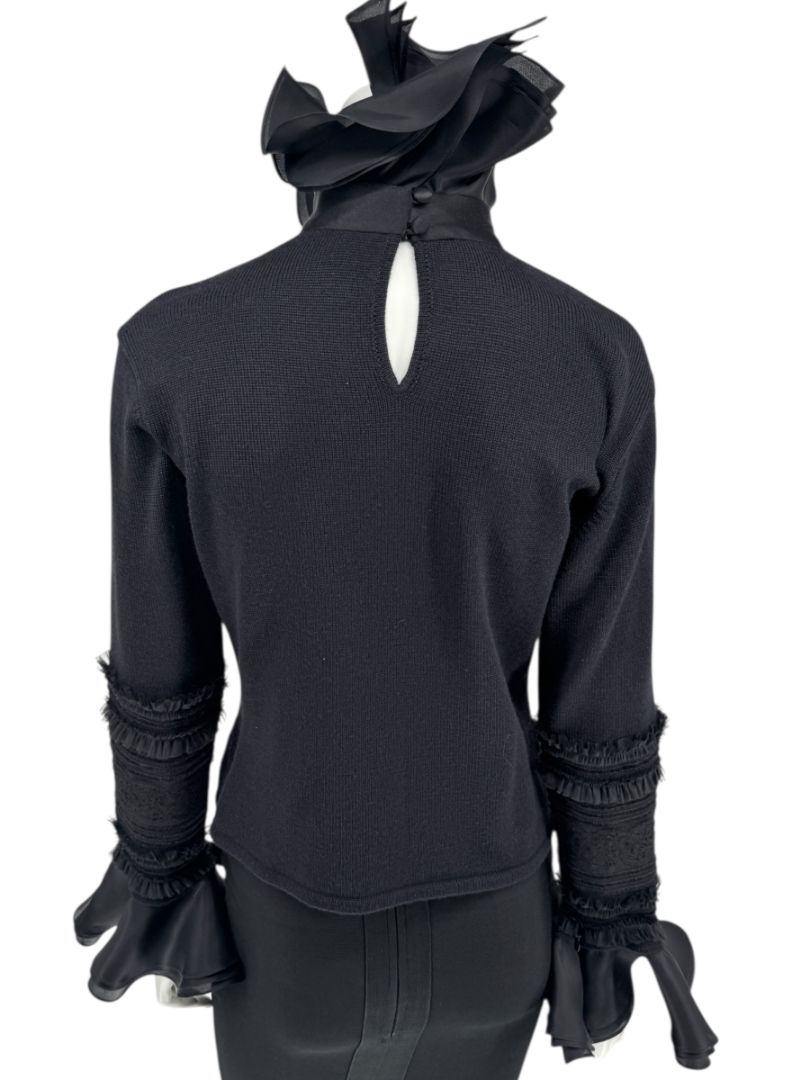 Zang Toi Black Wool-Cashmere Ruffled Fantasy Sleeve Top – Size XL