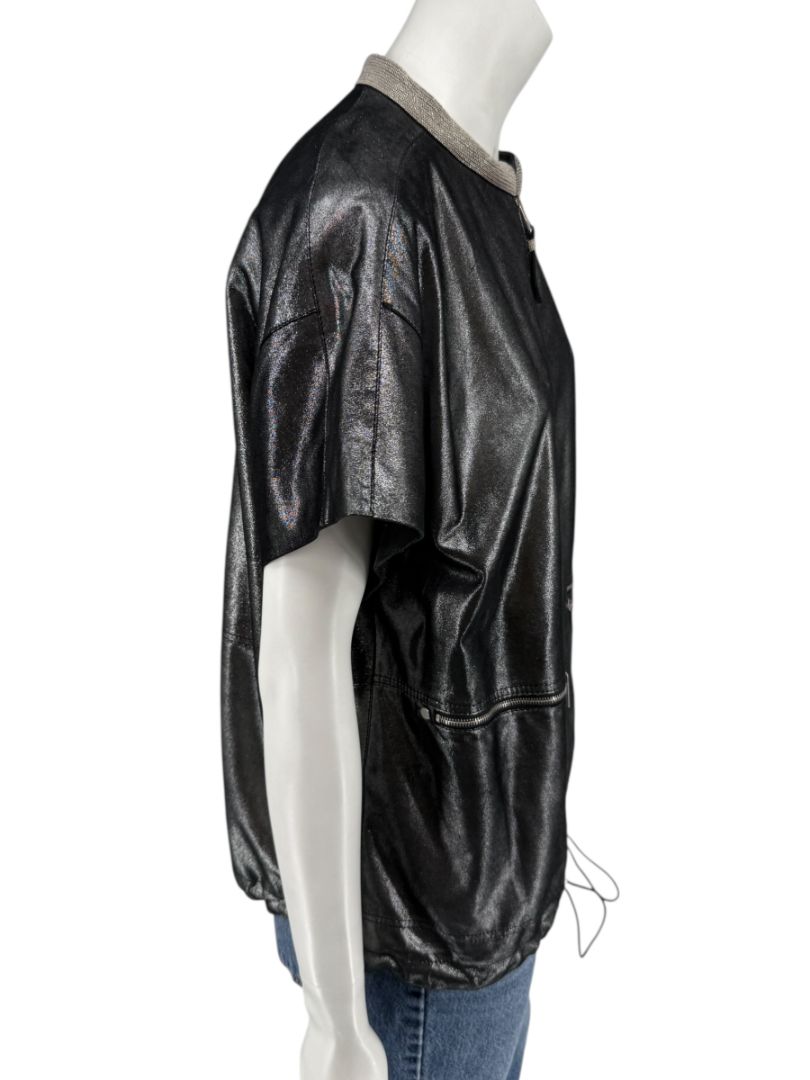 Lafayette 148 New York Metallic Leather Short-Sleeve Zip Jacket – Size M