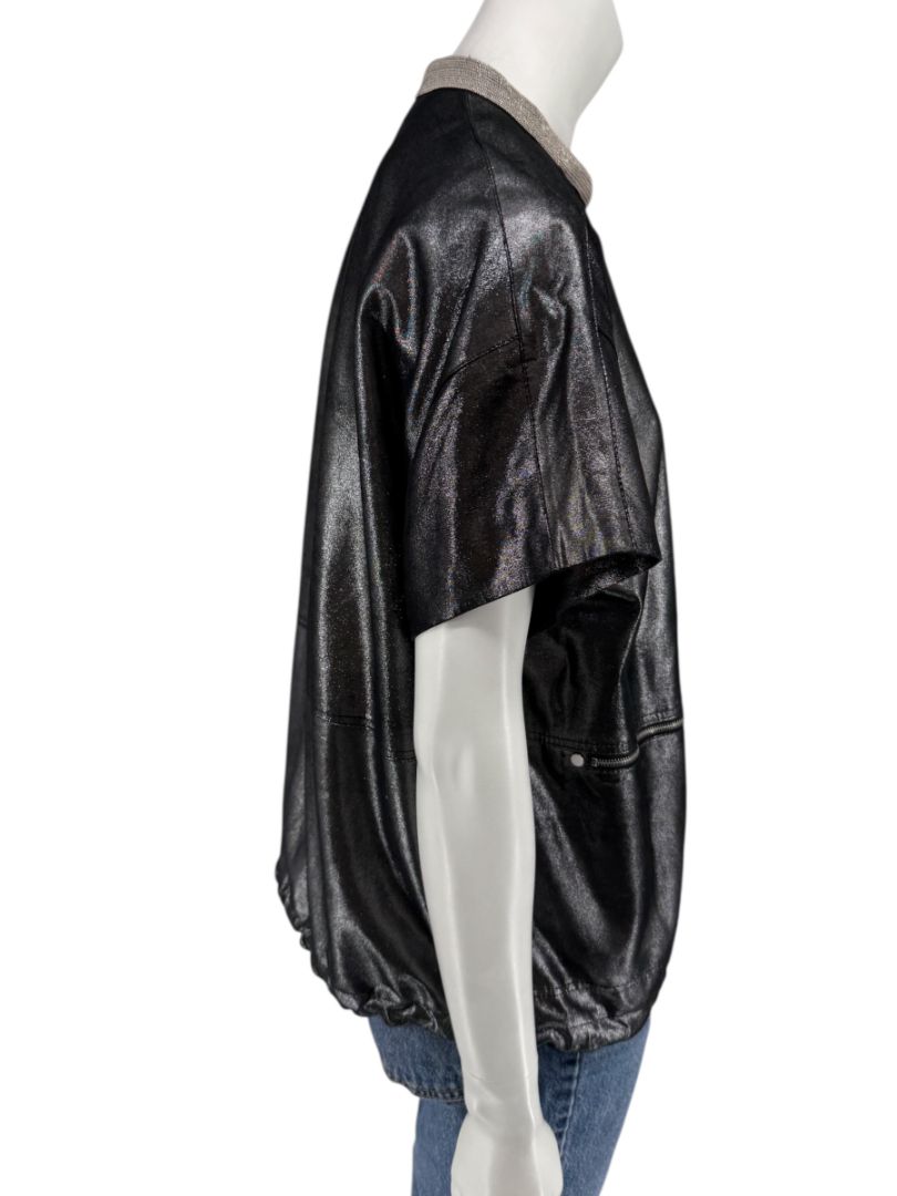 Lafayette 148 New York Metallic Leather Short-Sleeve Zip Jacket – Size M