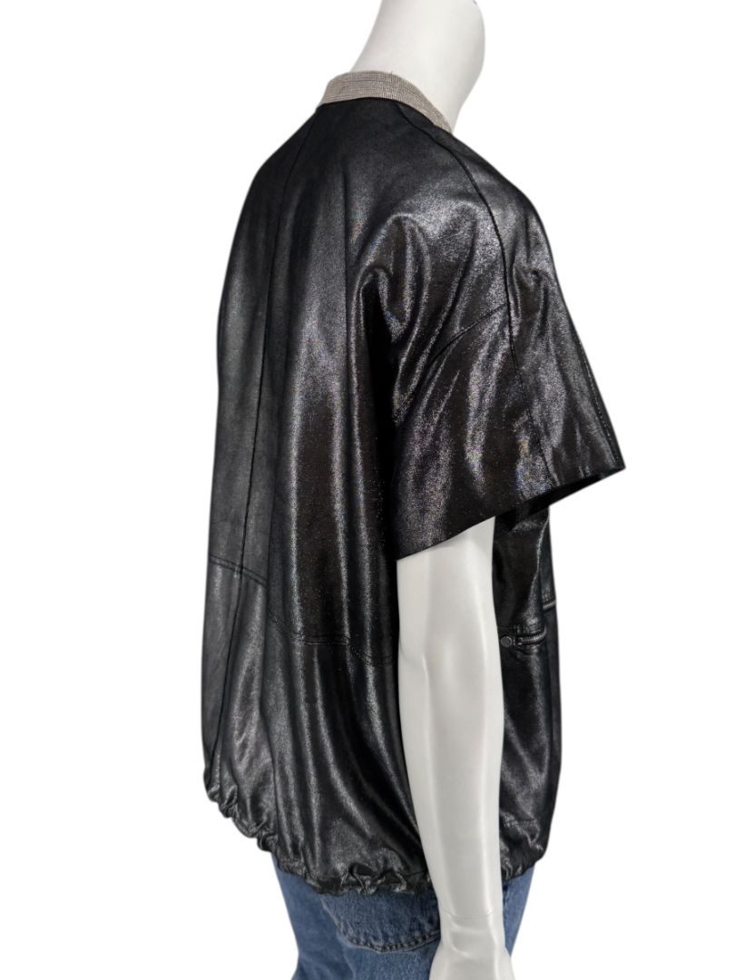 Lafayette 148 New York Metallic Leather Short-Sleeve Zip Jacket – Size M