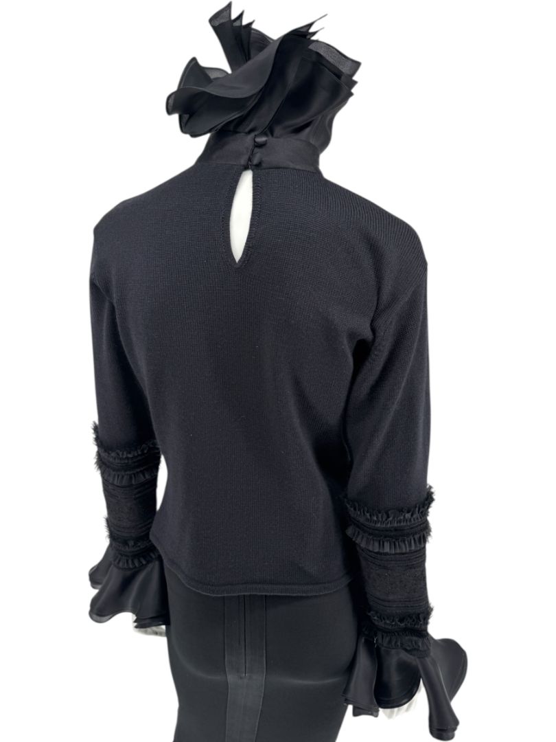 Zang Toi Black Wool-Cashmere Ruffled Fantasy Sleeve Top – Size XL