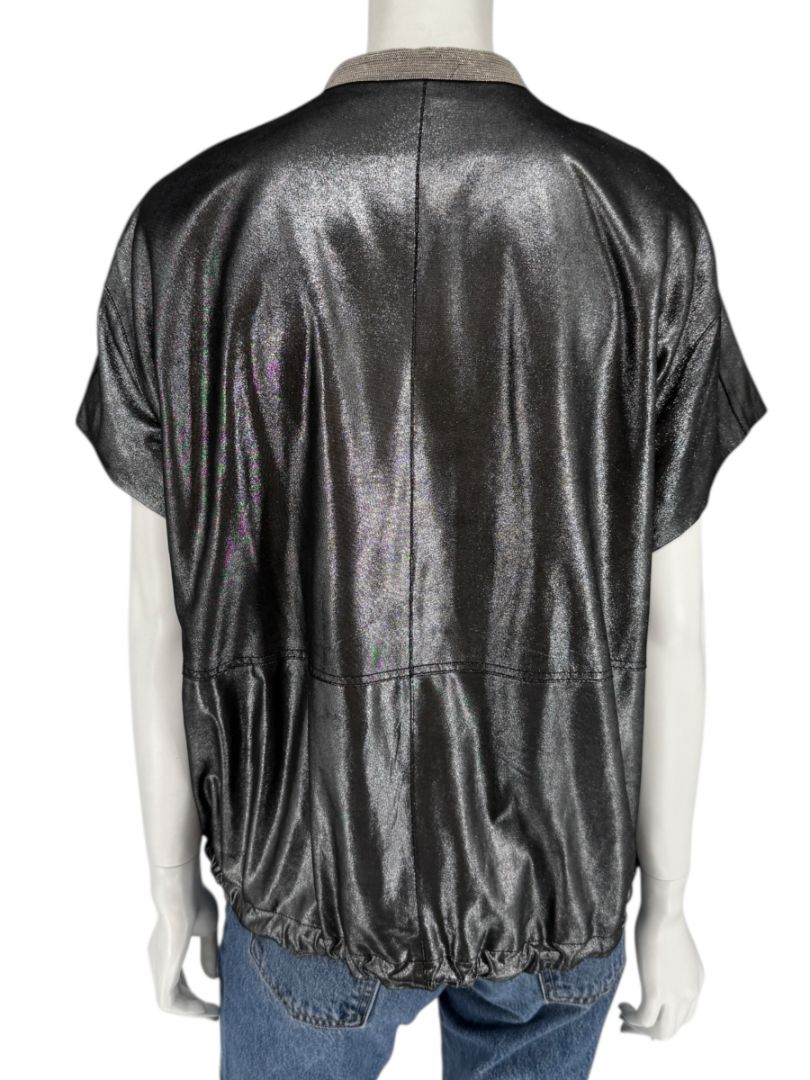 Lafayette 148 New York Metallic Leather Short-Sleeve Zip Jacket – Size M