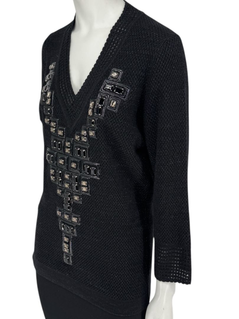 Carolina Herrera Black Embellished Open-Knit V-Neck Sweater – Size XL