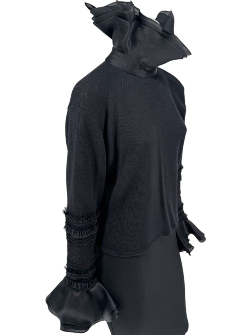 Zang Toi Black Wool-Cashmere Ruffled Fantasy Sleeve Top – Size XL