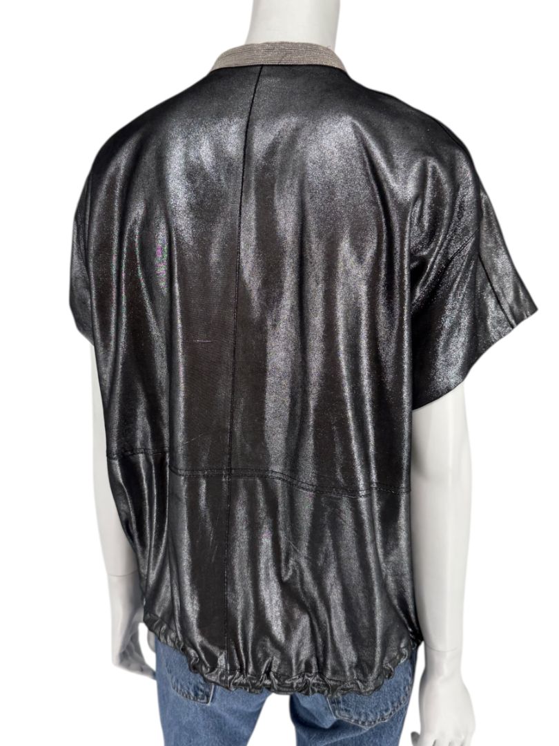 Lafayette 148 New York Metallic Leather Short-Sleeve Zip Jacket – Size M