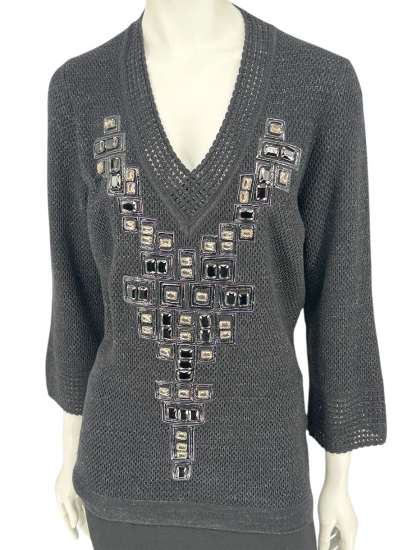 Carolina Herrera Black Embellished Open-Knit V-Neck Sweater – Size XL