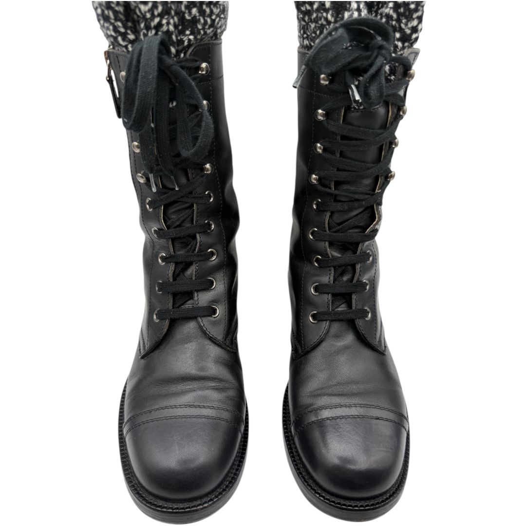 Chanel Black Leather Combat Boots with Knit Cuff – Size 41.5