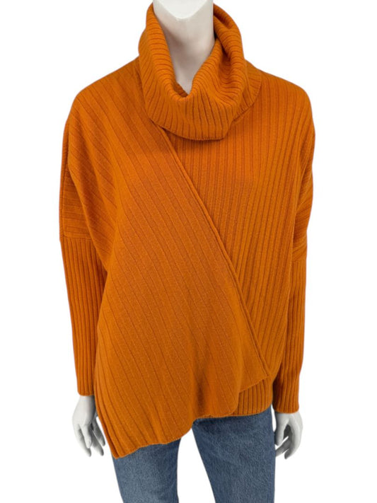 Lafayette 148 New York Burnt Orange Ribbed Wool Cowl Neck Sweater – Size L
