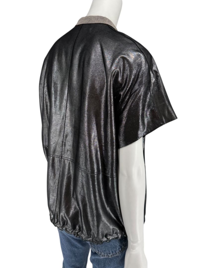 Lafayette 148 New York Metallic Leather Short-Sleeve Zip Jacket – Size M