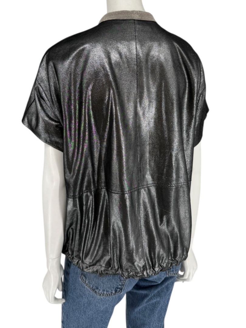 Lafayette 148 New York Metallic Leather Short-Sleeve Zip Jacket – Size M