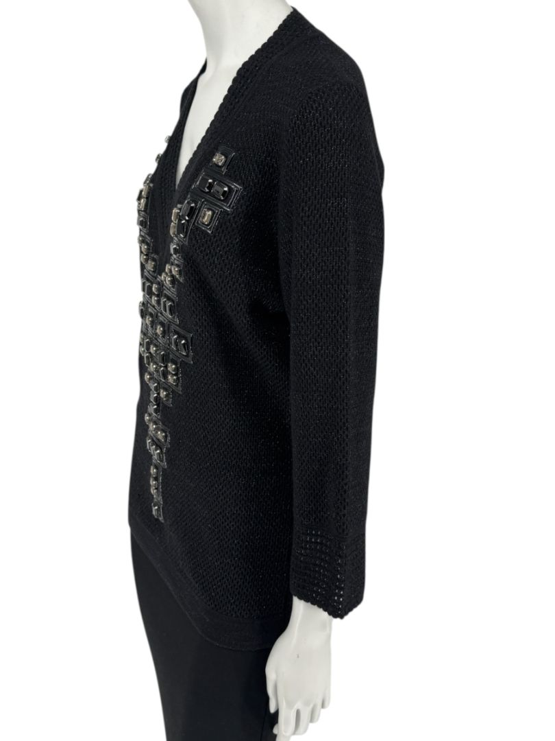 Carolina Herrera Black Embellished Open-Knit V-Neck Sweater – Size XL
