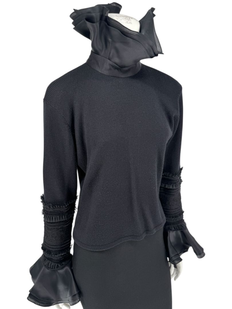 Zang Toi Black Wool-Cashmere Ruffled Fantasy Sleeve Top – Size XL