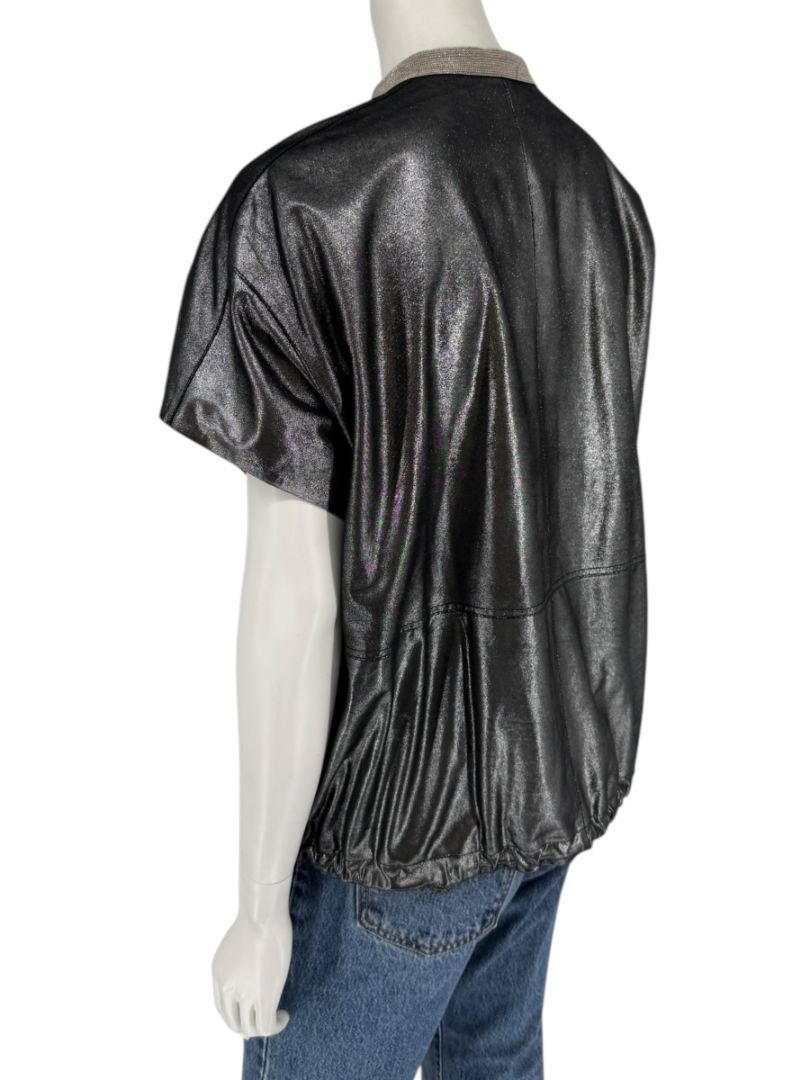 Lafayette 148 New York Metallic Leather Short-Sleeve Zip Jacket – Size M