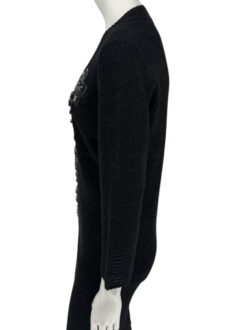 Carolina Herrera Black Embellished Open-Knit V-Neck Sweater – Size XL