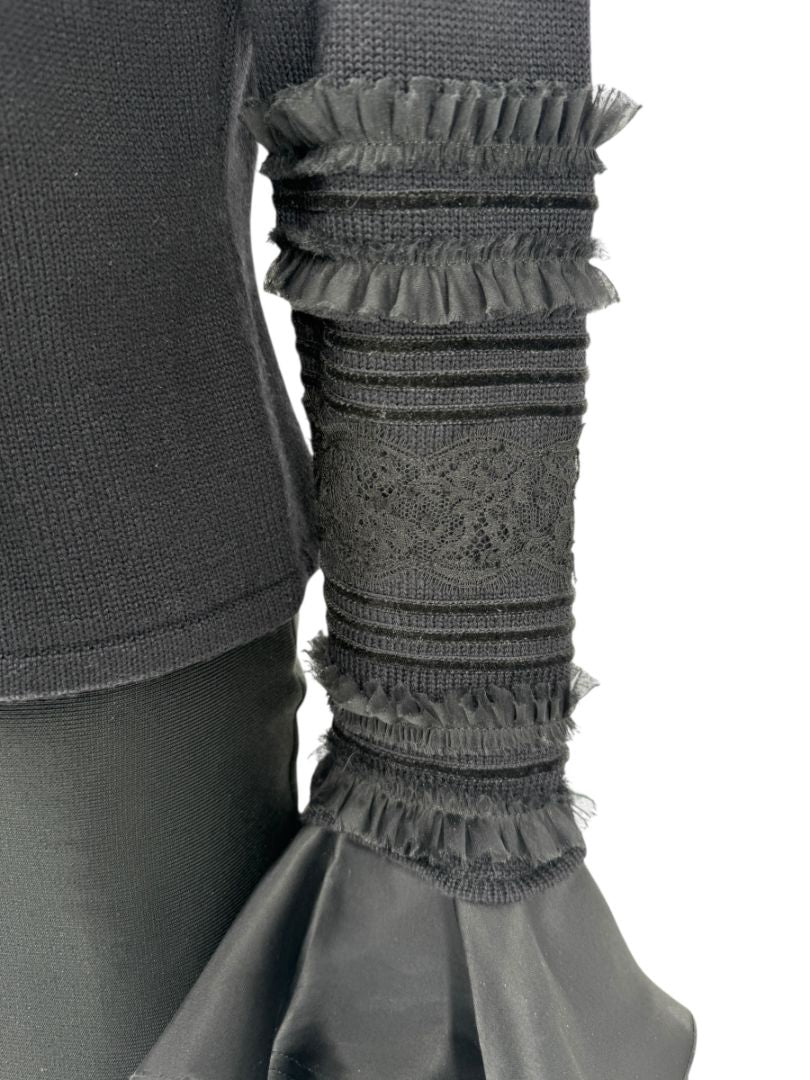 Zang Toi Black Wool-Cashmere Ruffled Fantasy Sleeve Top – Size XL