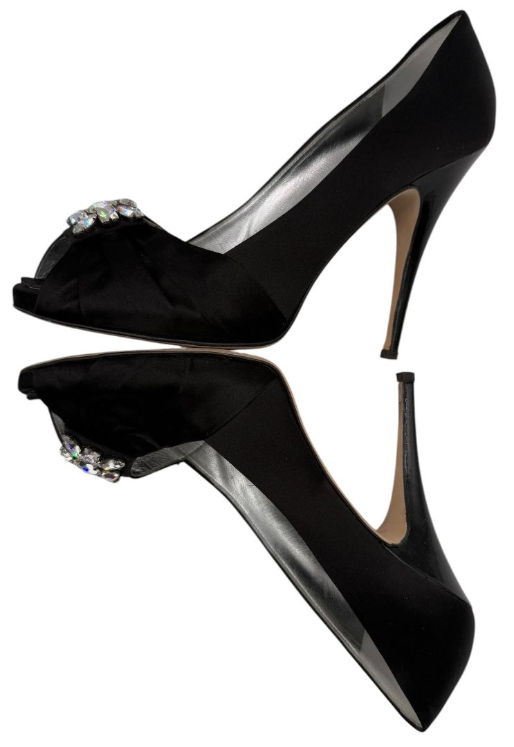 Giuseppe Zanotti Black Satin Crystal Embellished Peep-Toe Heels – Size 41