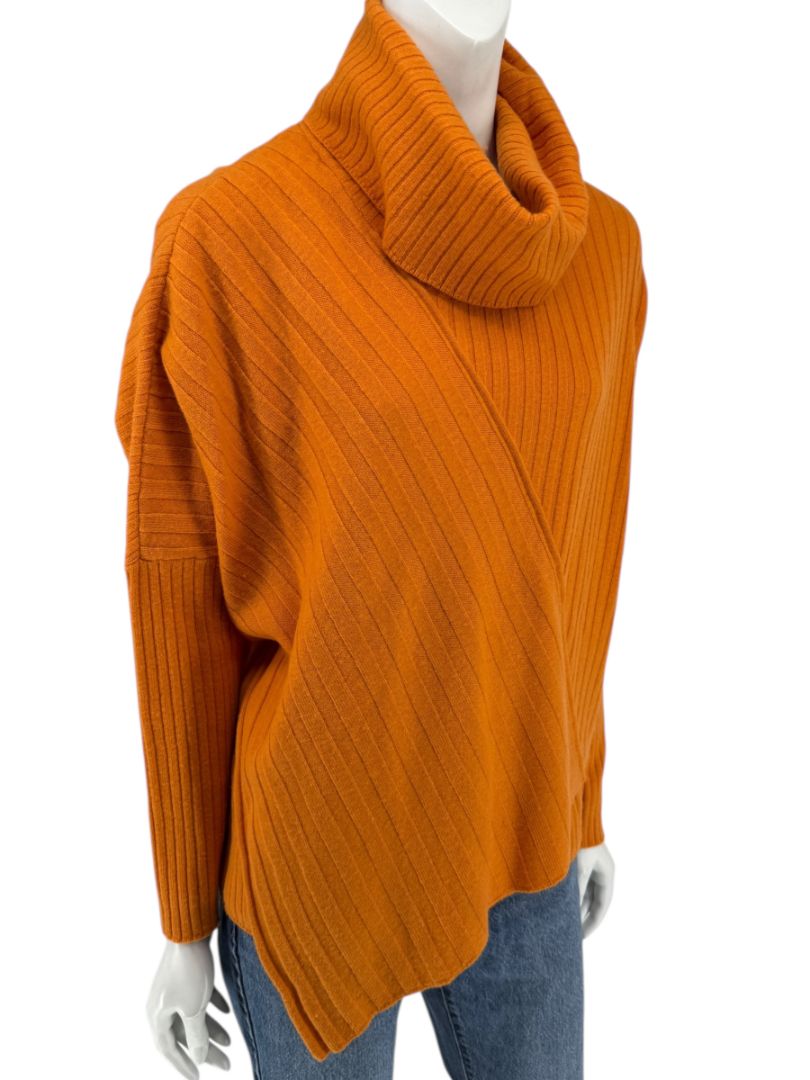 Lafayette 148 New York Burnt Orange Ribbed Wool Cowl Neck Sweater – Size L